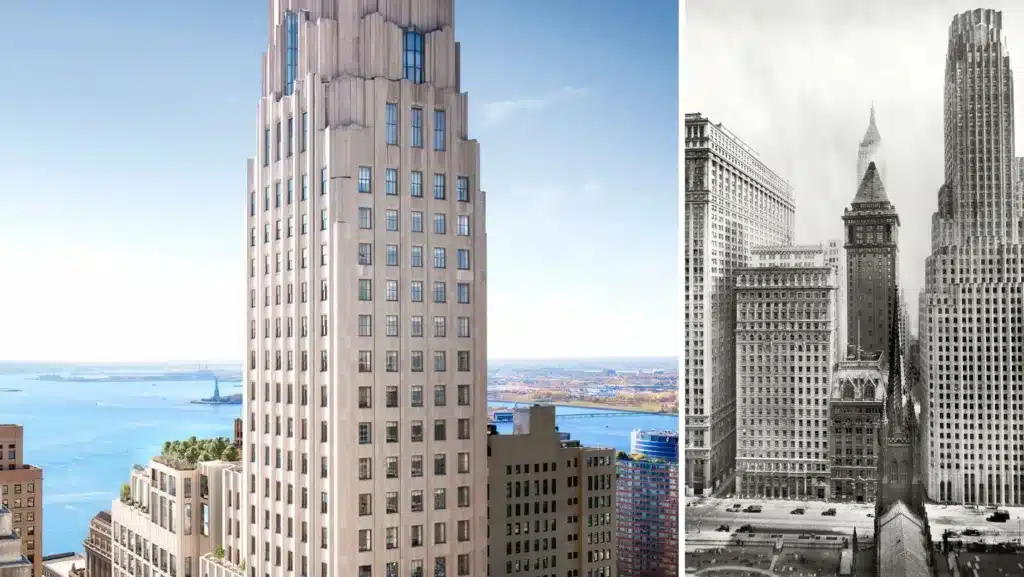 One Wall Street in Manhattan, ursprünglich ein ikonisches Bankgebäude, verwandelt sich in ein luxuriöses Wohngebäude, das modernen Wohnkomfort in einem historischen Art-Déco-Rahmen bietet. © One Wall Street, Manhattan/ USA