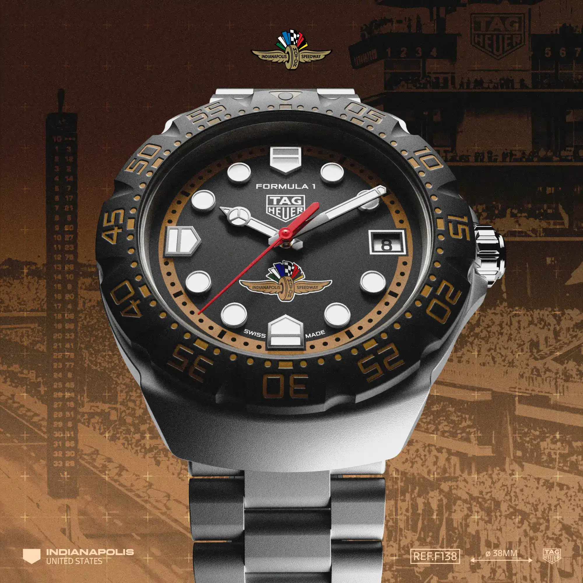 TAG Heuer Formula 1 Indianapolis: Sonderedition für eine Rennsport-Legende Die TAG Heuer Formula 1 Sonderedition präsentiert das geflügelte Logo des Indianapolis Motor Speedway vor einer historischen Rennsportkulisse.
