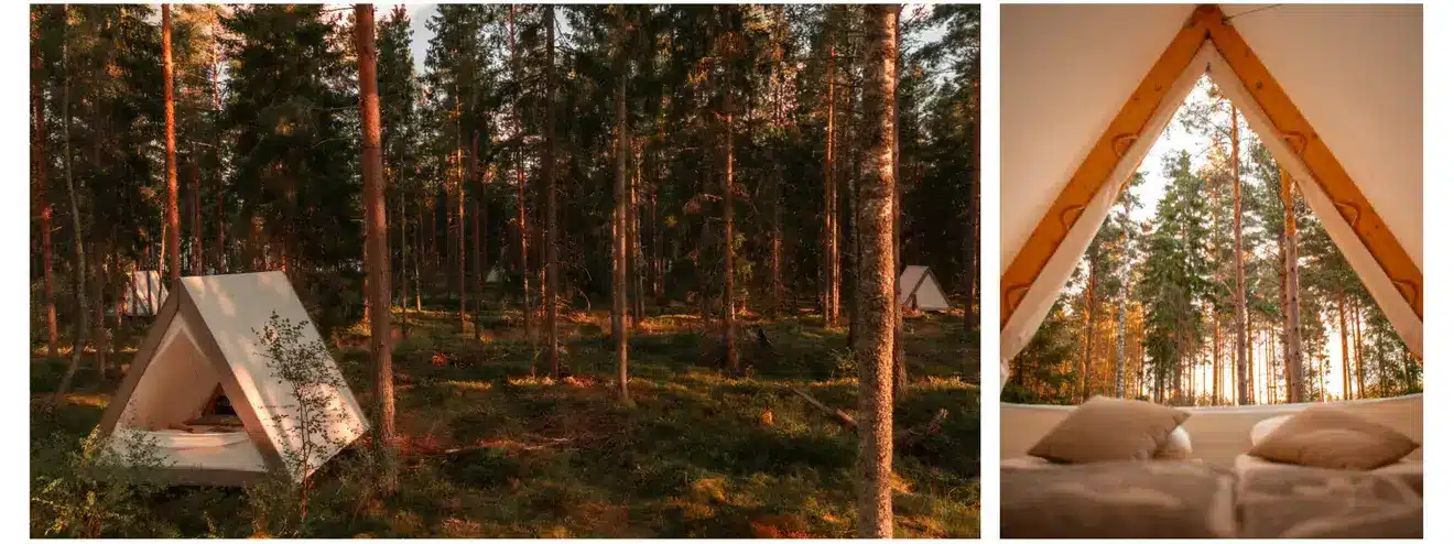 Glamping Värmland: 6 exklusive Wildnis-Erlebnisse in Schweden In den isolierten Glampingzelten von Happie Camp am Vänersee schlafen Gäste in Betten aus hochwertiger Merinowolle (Quelle: Visit Värmland).