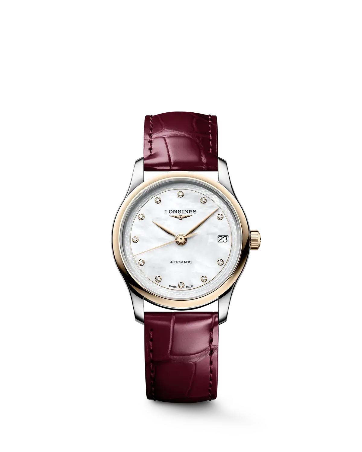Longines Master Collection neu: Moderner Klassiker mit Gerstenkorn-Muster Kostbare Materialien wie Diamantindizes und Perlmutt prägen die femininen Modelle mit 18 Karat Roségold (Quelle: Longines).