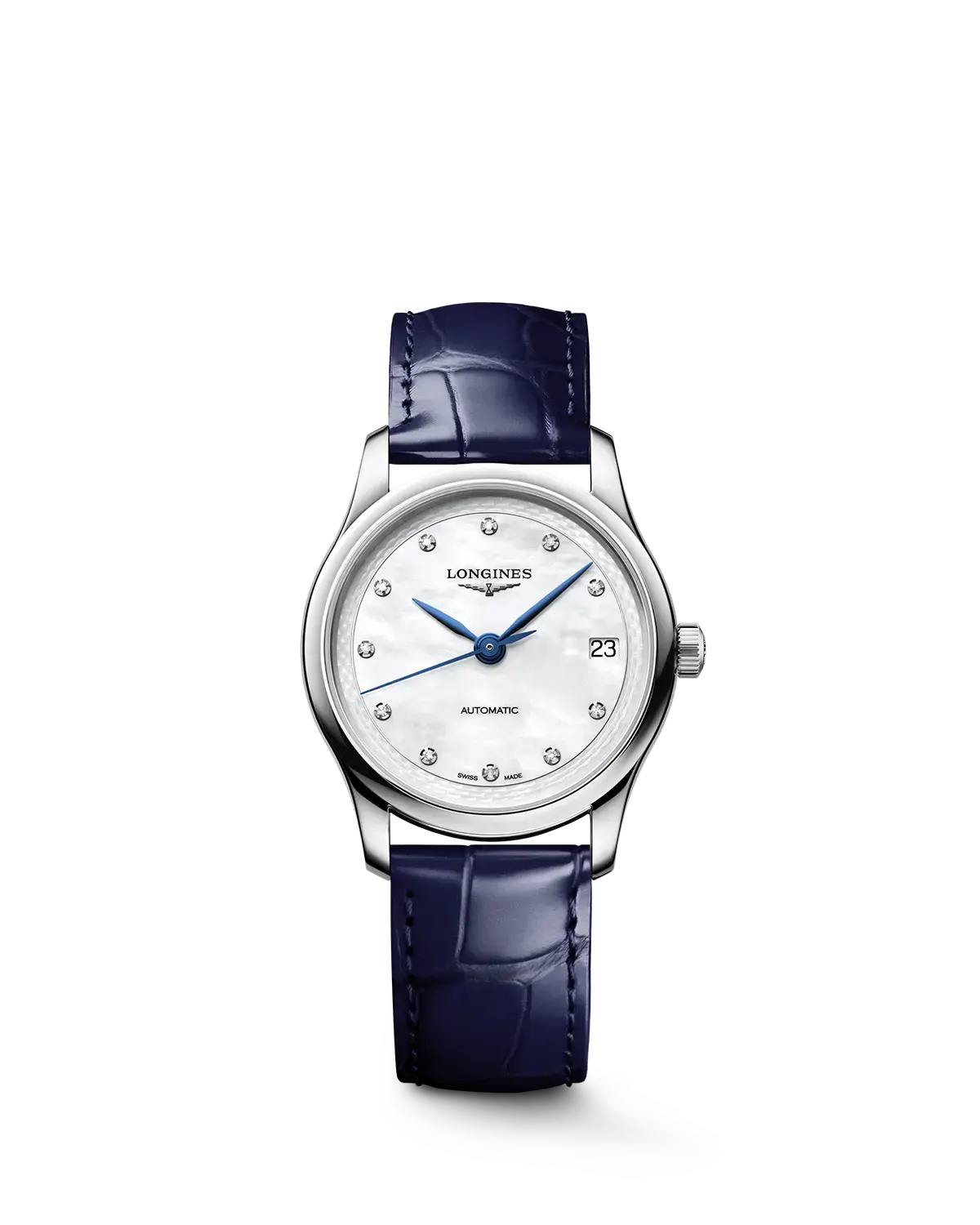 Longines Master Collection neu: Moderner Klassiker mit Gerstenkorn-Muster Ein weisses Perlmuttzifferblatt bildet den Hintergrund für die funkelnden Diamanten dieser 34 Millimeter grossen Ausführung (Quelle: Longines).