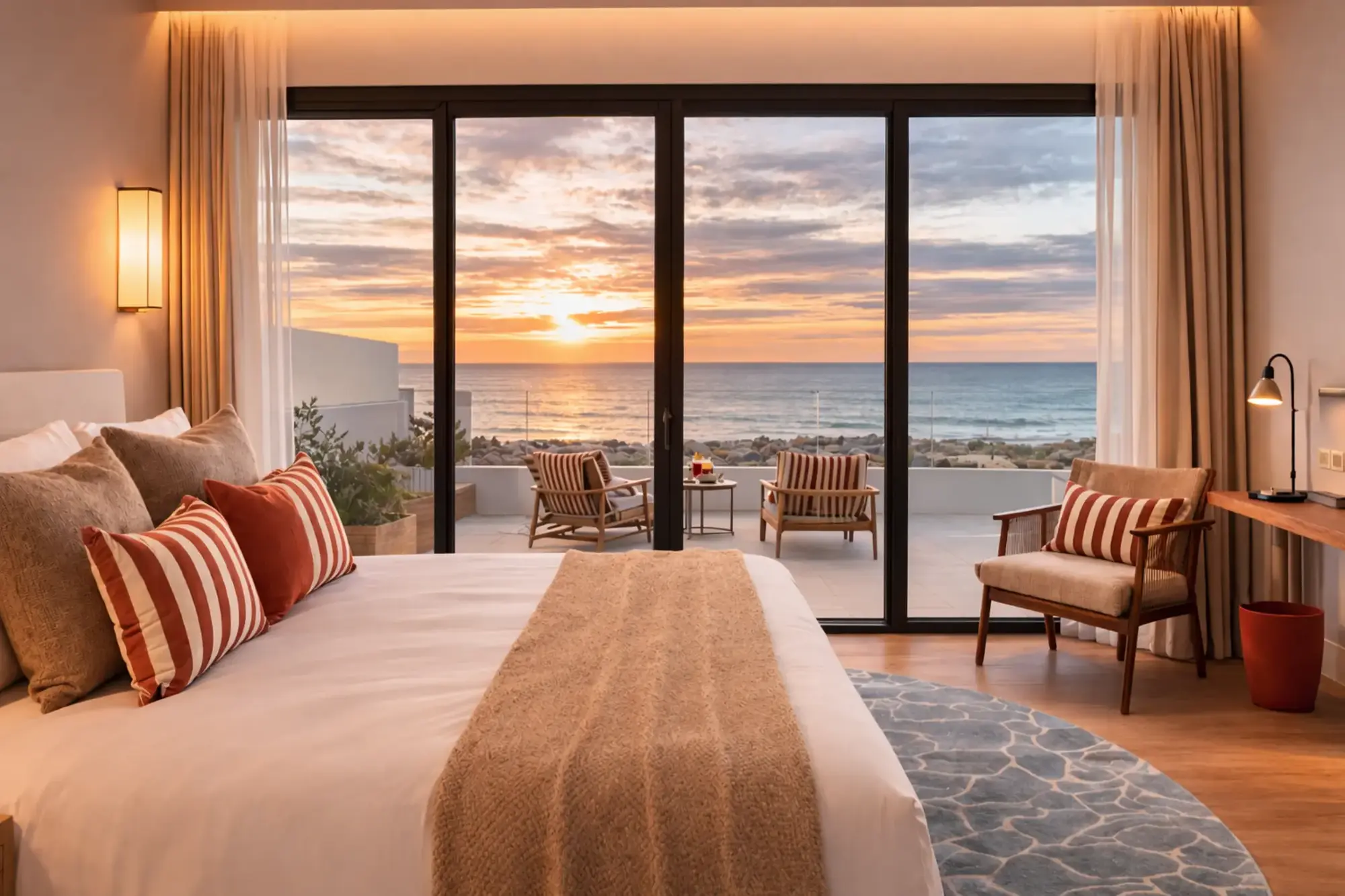 Marina Baie des Anges Hotel: Neue Riviera-Ikone mit 61 Zimmern Suite im Marina Baie des Anges Hotel mit Sonnenuntergang über der Französischen Riviera. (Quelle: © 2026 Hilton)