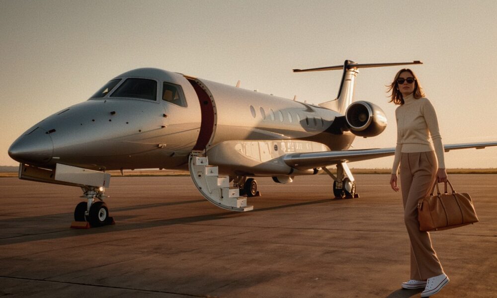Semi-Private Jet ab Zürich: PeakJet Boarding am General Aviation Centre im Abendlicht