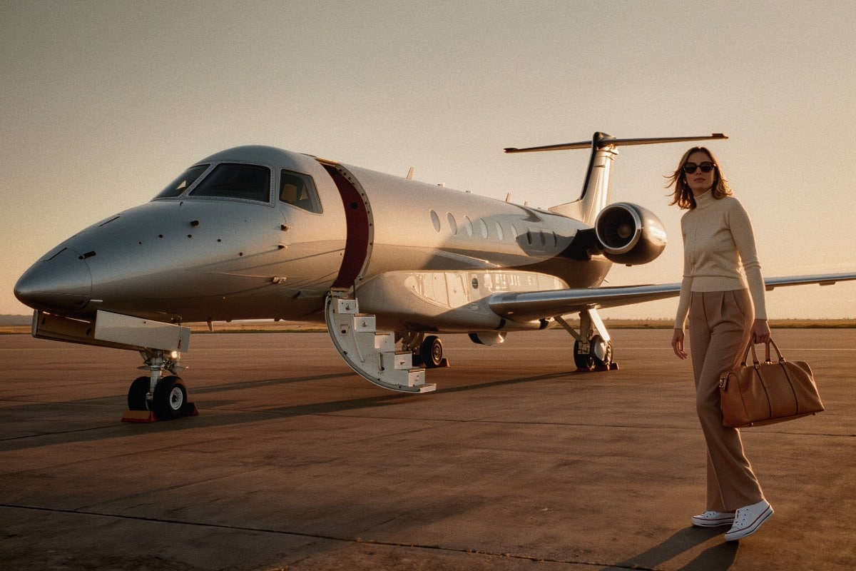 Semi-Private Jet ab Zürich: PeakJet Boarding am General Aviation Centre im Abendlicht