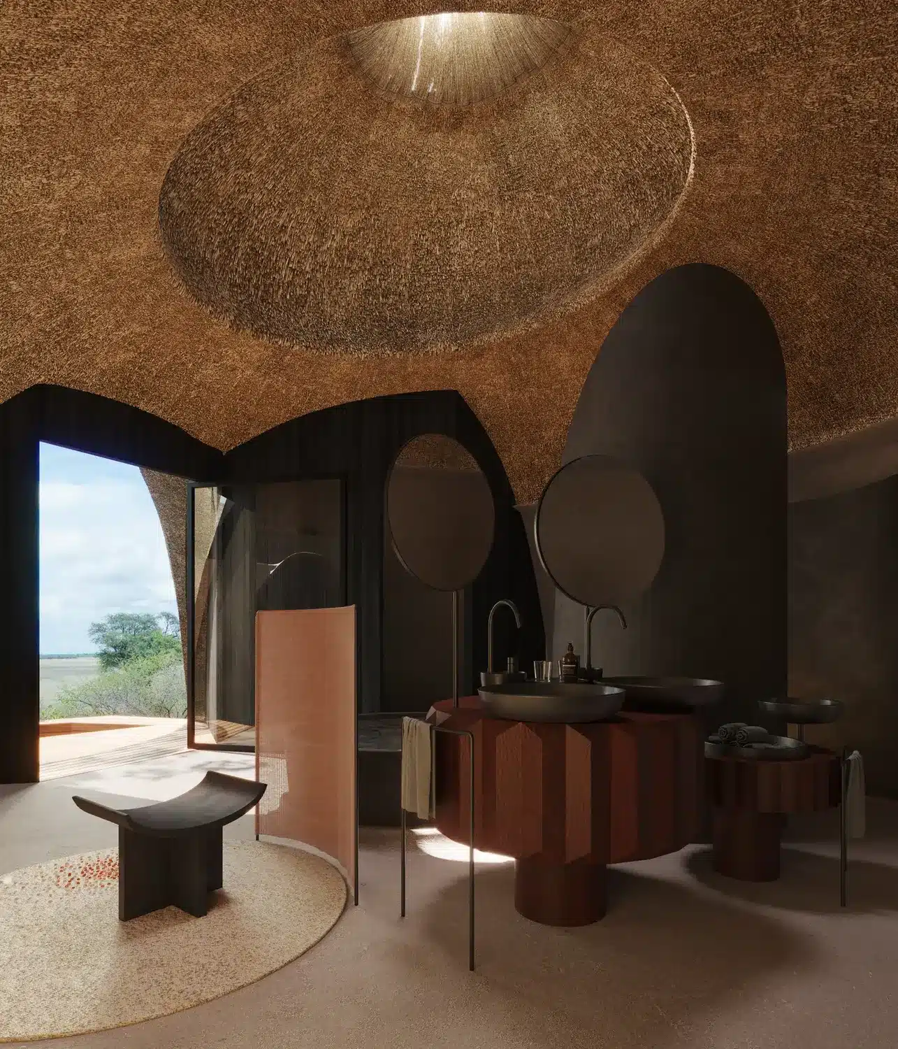Vestige Xaudum: Neue Exklusiv-Lodge im Khaudum-Nationalpark Namibias Bad einer Suite in Vestige Xaudum: Kalahari-Farbpalette und Handwerkskunst aus der Region. (Quelle: zvg)