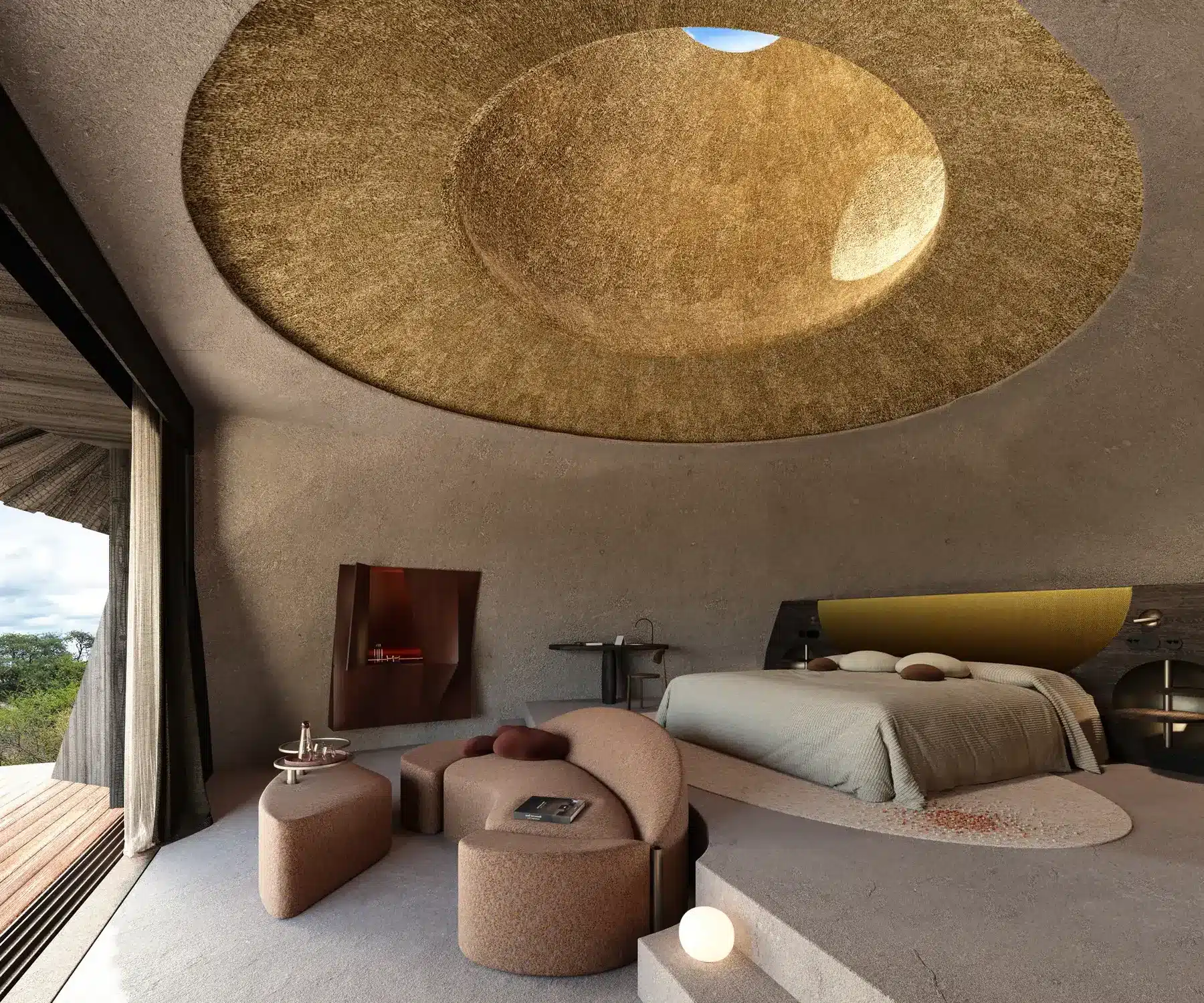 Vestige Xaudum: Neue Exklusiv-Lodge im Khaudum-Nationalpark Namibias Suite in Vestige Xaudum mit natürlichen Materialien und skulpturalen Formen des hauseigenen Designstudios. (Quelle: zvg)