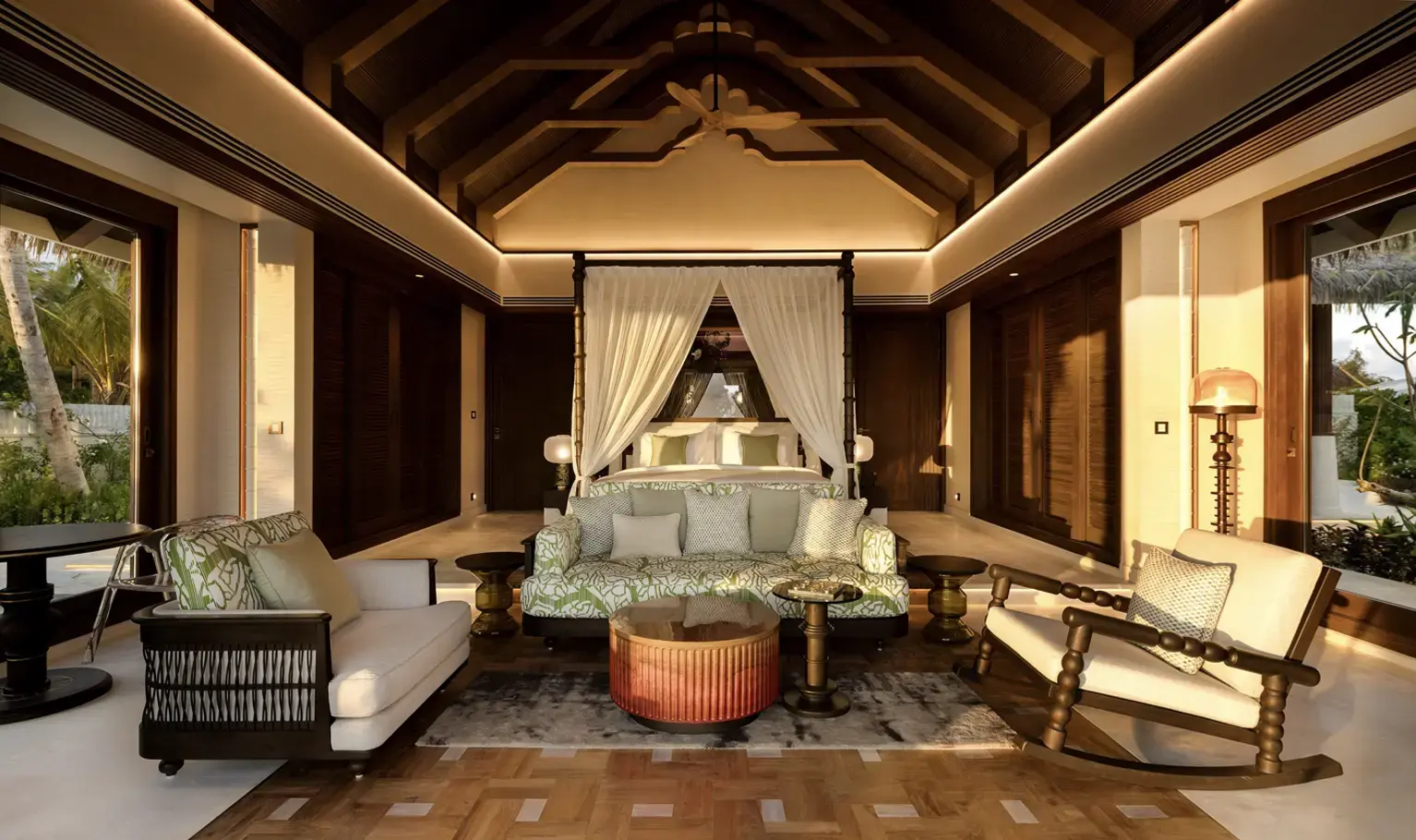 Don Maaga Maldives: Neues Ultra-Luxusresort im South Malé Atoll 2027 Villa im Don Maaga Maldives mit hohen Holzdecken und massgeschneidertem Interieur (Quelle: SIX & SIX PRIVATE ISLANDS)