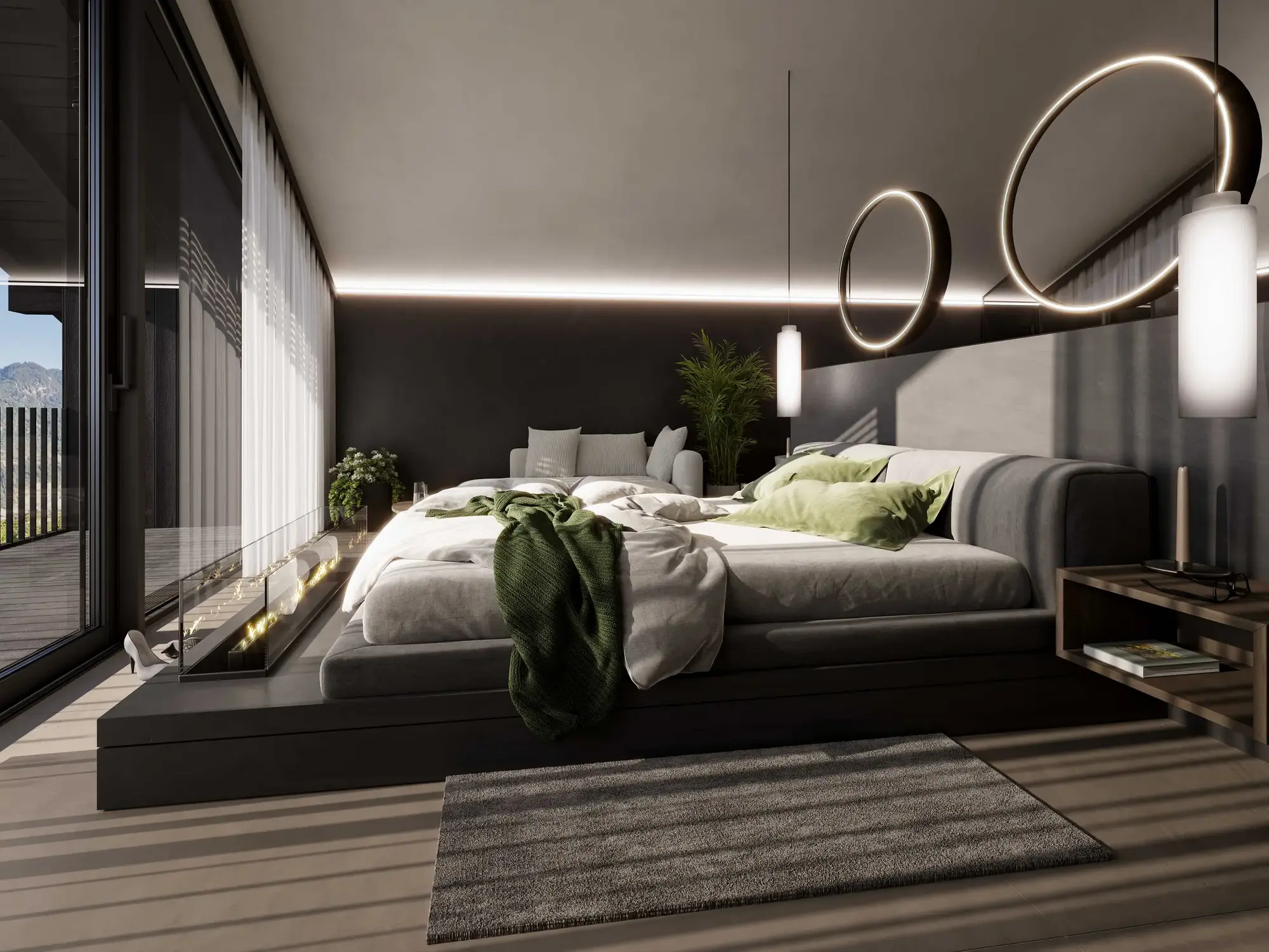 ROSENSTOA Premium Chalets: Stiller Luxus neu im Salzburger Land Schlafzimmer der ROSENSTOA Premium Chalets mit bodentiefer Glasfront und Naturmaterialien