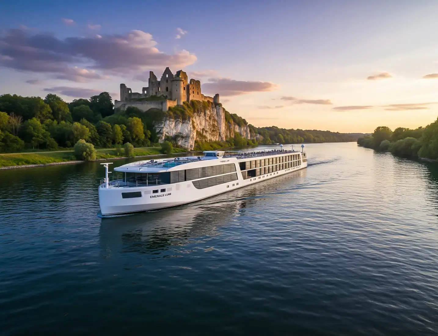 Scenic Group Jubiläum: 40 Jahre Luxuskreuzfahrten und neue Flotte bis 2028 Flussschiff Emerald Lumi auf der Seine bei Les Andelys, Rendering