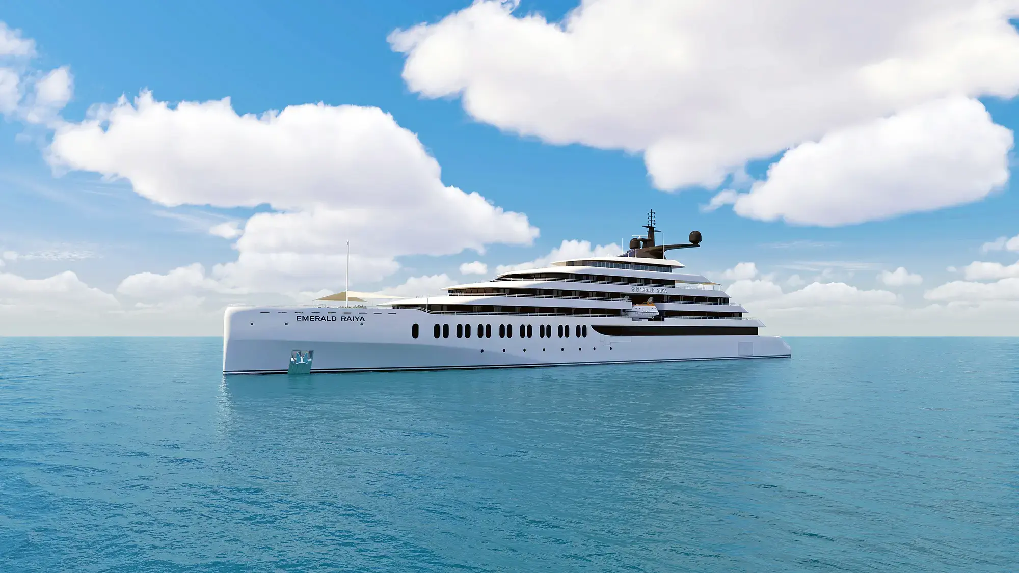 Scenic Group Jubiläum: 40 Jahre Luxuskreuzfahrten und neue Flotte bis 2028 Hochseeyacht Emerald Raiya von Emerald Cruises, Aussenansicht als Rendering