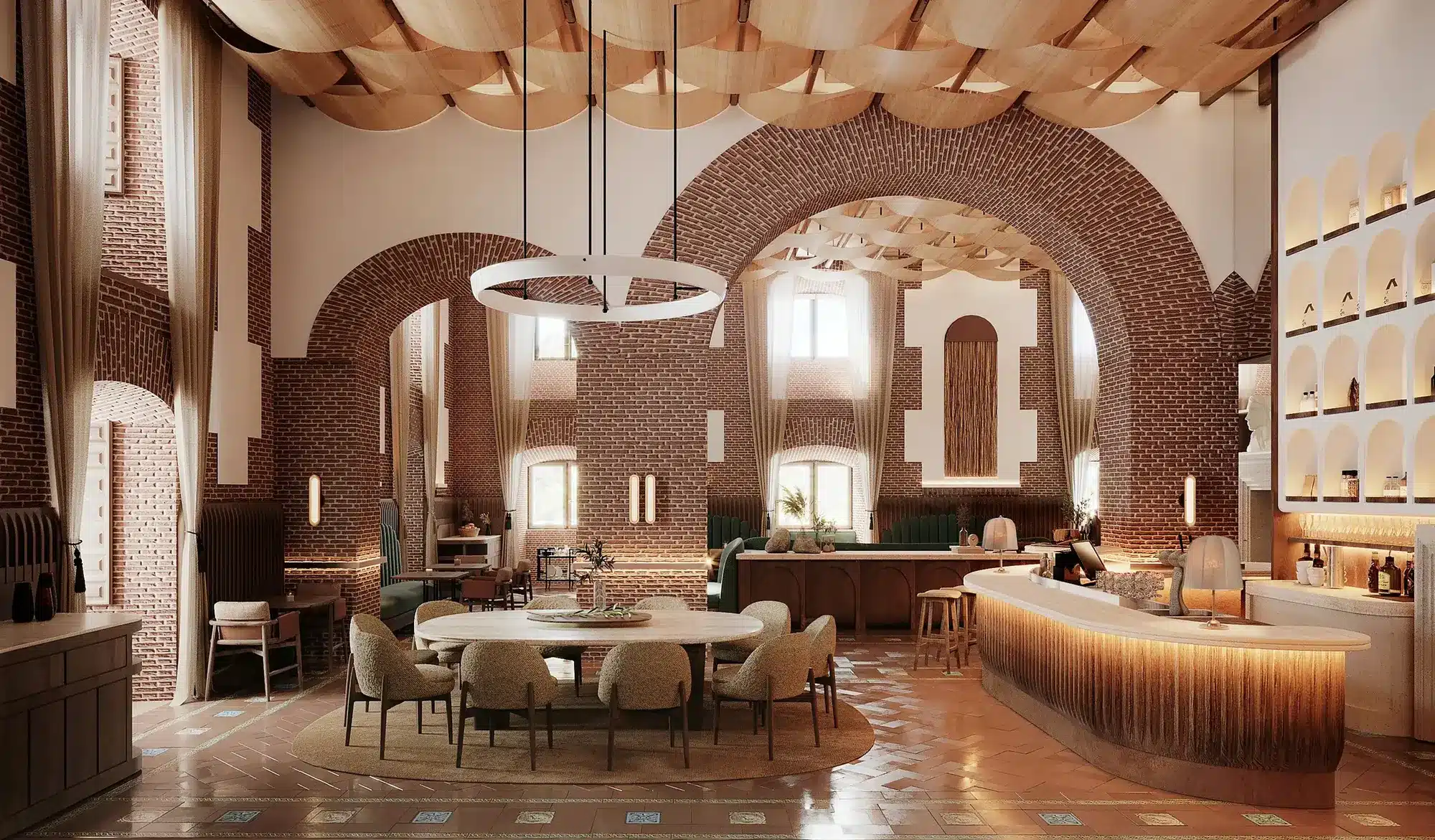 Six Senses Neueröffnungen 2027: Vier neue Hotels in Europa und Nahost Historische Backsteinbögen im Restaurant des Six Senses Quexigal Palace