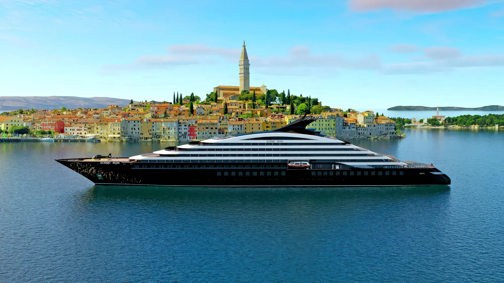 Scenic Group Jubiläum: 40 Jahre Luxuskreuzfahrten und neue Flotte bis 2028 Scenic Ikon, ab 2028 Flaggschiff der Scenic Group, Aussenansicht als Rendering
