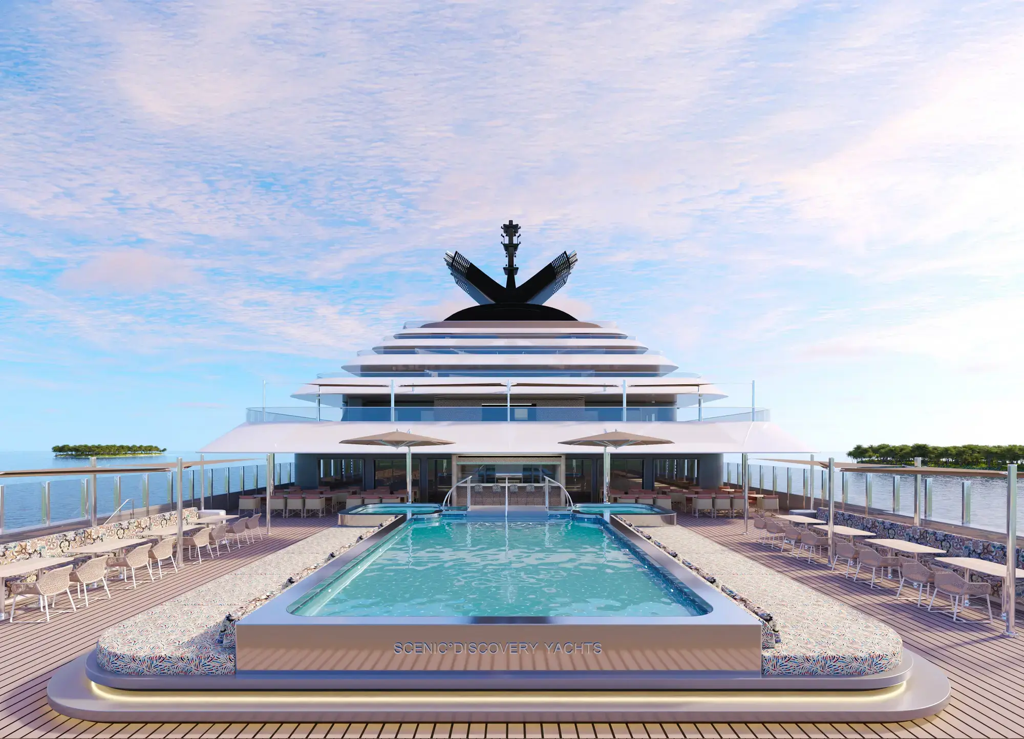 Scenic Group Jubiläum: 40 Jahre Luxuskreuzfahrten und neue Flotte bis 2028 Pool und Terrasse des Yacht Club auf der Scenic Ikon, Rendering